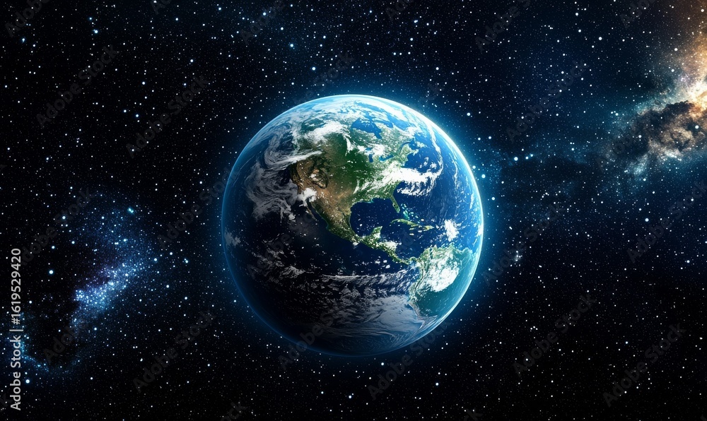 Fototapeta premium Stunning Realistic View of Earth from Space, Capturing Detailed Continents and Oceans Illuminated by Soft Cosmic Light Against a Majestic Starry Background with Nebulae Colors