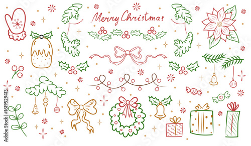 Colorful Christmas elements set with wreaths, bows, holly, presents and festive icons, hand-drawn illustration