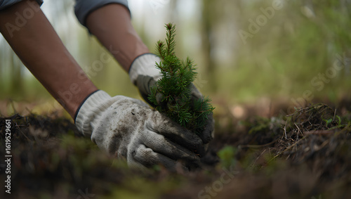 Hands planting a young pine tree seedling in rich soil, environmental conservation, springtime.