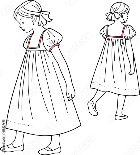 Girl s Dress Technical Drawing with Square Neckline and Puff Sleeves Illustration