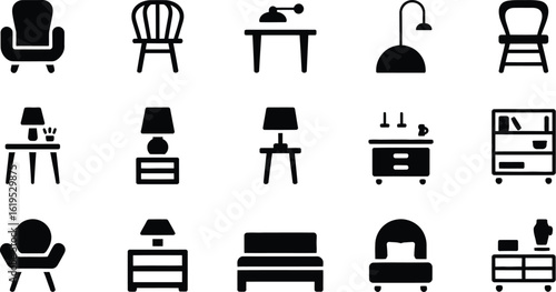 A collection of black and white furniture icons including chairs and lamps tables