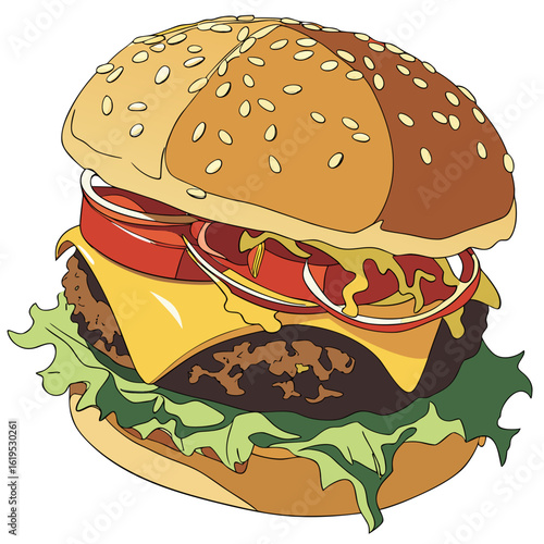 Delicious cheeseburger with lettuce tomato and onion isolated on white background
