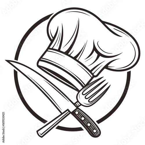 Chef hat knife and fork emblem isolated on white background