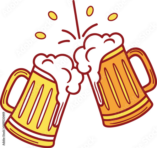 A cartoon vector illustration shows a cold pint of lager with a frothy head next to a bowl of chips