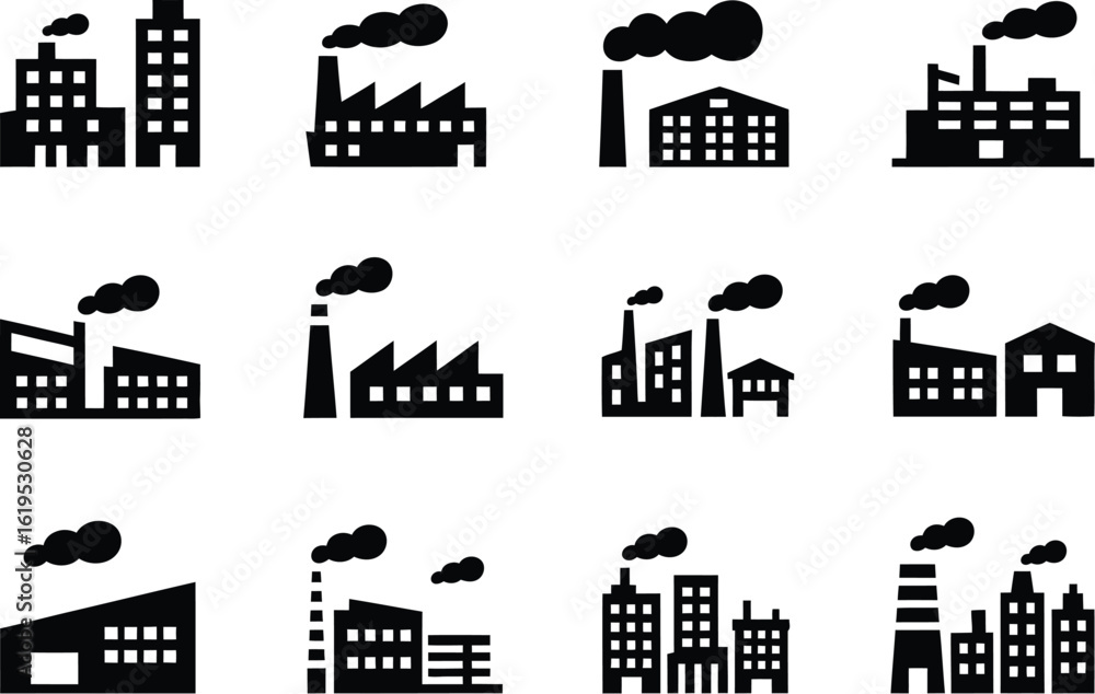 Obraz premium Twelve black factory icons with smoke stacks in a grid on a white background