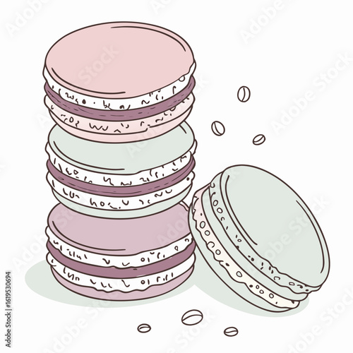 Stack of pastel macarons and scattered beans isolated on white background