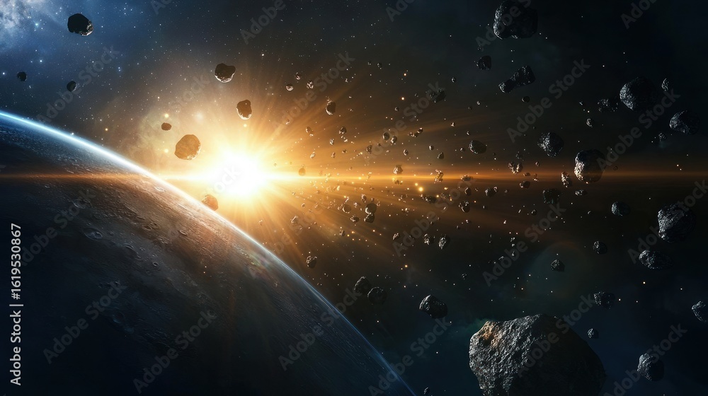 Obraz premium Cosmic Dawn: Earth's Encounter with Asteroid Field