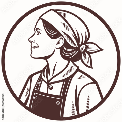 Vintage woman chef with bandana and apron isolated on white background