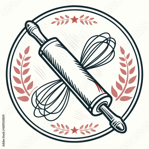 Baking emblem with rolling pin and whisk isolated on white background