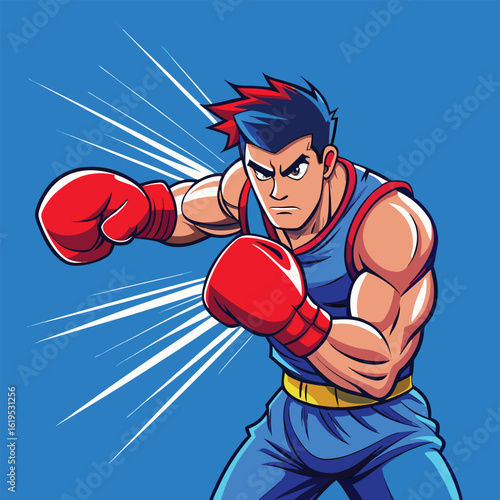 Muscular boxer in red gloves training, a strong athlete ready to punch with power