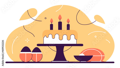Flat illustration of a birthday cake with three lit candles on a stand alongside decorative easter eggs and a bowl of whipped cream set against a playful abstract background