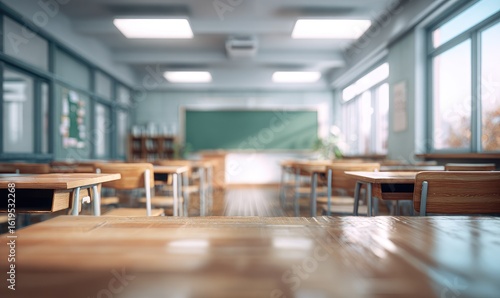Sunlit classroom, desks arranged, chalkboard visible