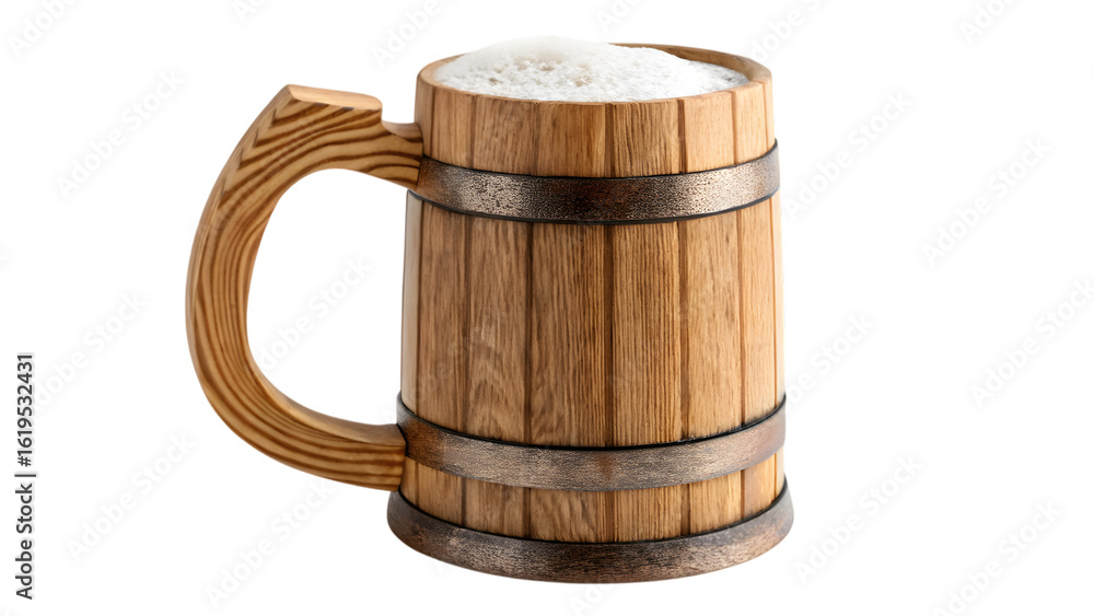 Obraz premium Old vintage wooden beer mug with frothy drink