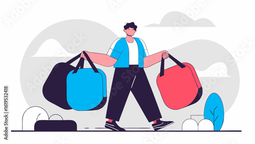 A cheerful young man walks confidently carrying two large duffel bags one blue and one red ready for a trip or adventure