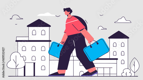 A stylishly illustrated young man with a backpack walks through a city street carrying two bright blue travel bags