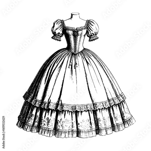 Victorian Gown – Sheer Hem and Puff Sleeves in Copperplate Engraving Style