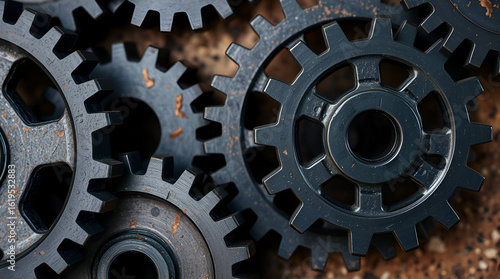 Featuring dark grey metal gears Cogs of Innovation: A mesmerizing abstract backdrop featuring intricate metallic gears and interconnected nodes, representing the complex interplay of technology, 