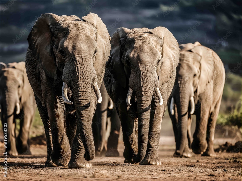 Fototapeta premium A powerful herd of African elephants walking side by side through the wilderness. Captured with dramatic lighting and clear detail, this wildlife image symbolizes unity, strength, and the beauty