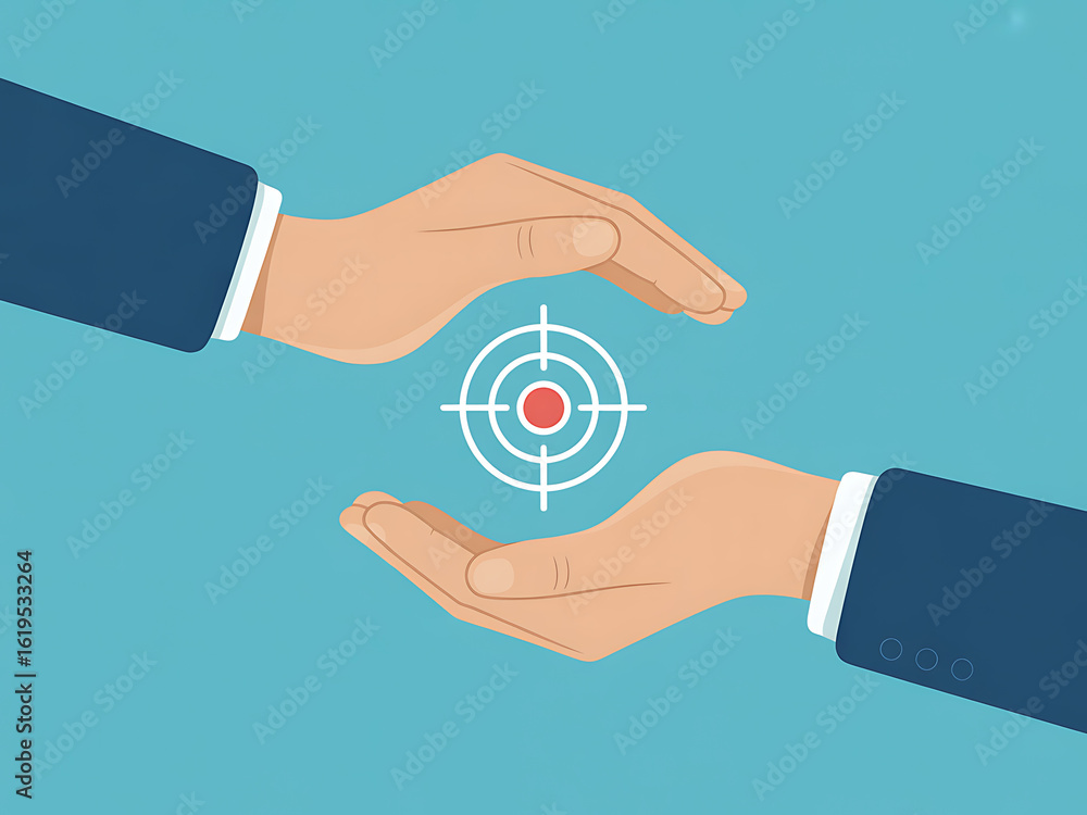 Hands protecting a target symbol representing business goals and success Hands protecting a target symbol representing business goals and success