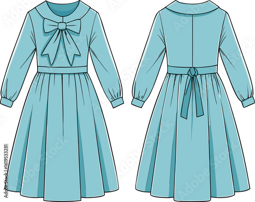 Technical Fashion Illustration of a Bow Dress with Long Sleeves and Belt
