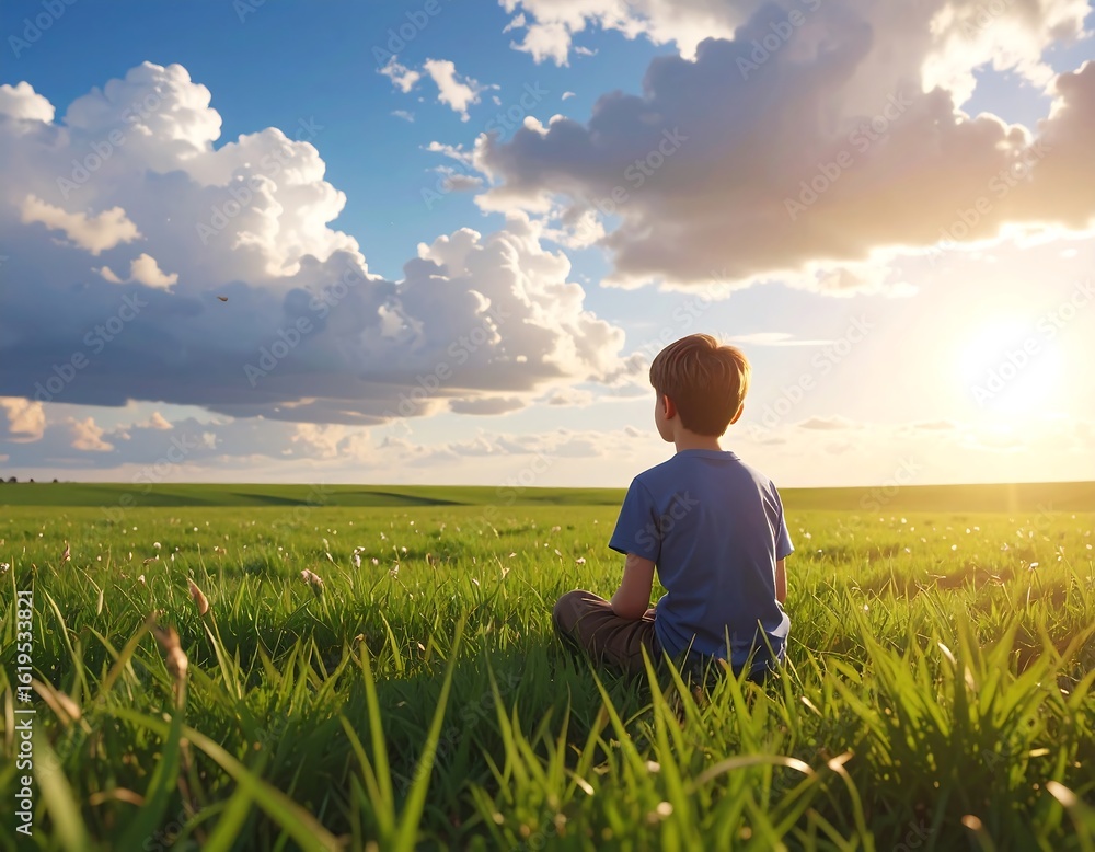 Boy sits cross-legged in a grassy field, watching a vibrant sunset Boy sits cross-legged in a grassy field, watching a vibrant sunset