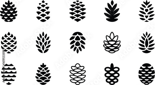 A collection of fifteen stylized pine cone illustrations arranged in a pattern