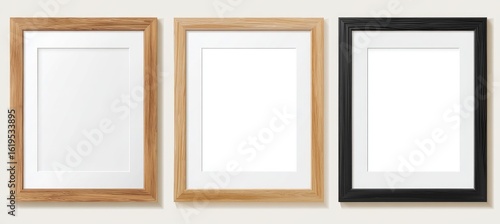 Three empty picture frames, light wood, medium wood, and black