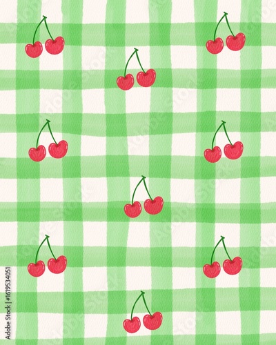 Cherry Gingham Picnic Cute Watercolor Digital Background