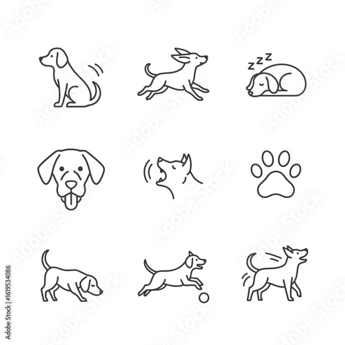 Diverse Dog Expressions and Actions in Simple Line Art, Playful Canine Activities and Emotions Depicted in Minimalist Style