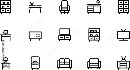A collection of minimalist furniture icons arranged on a white background set