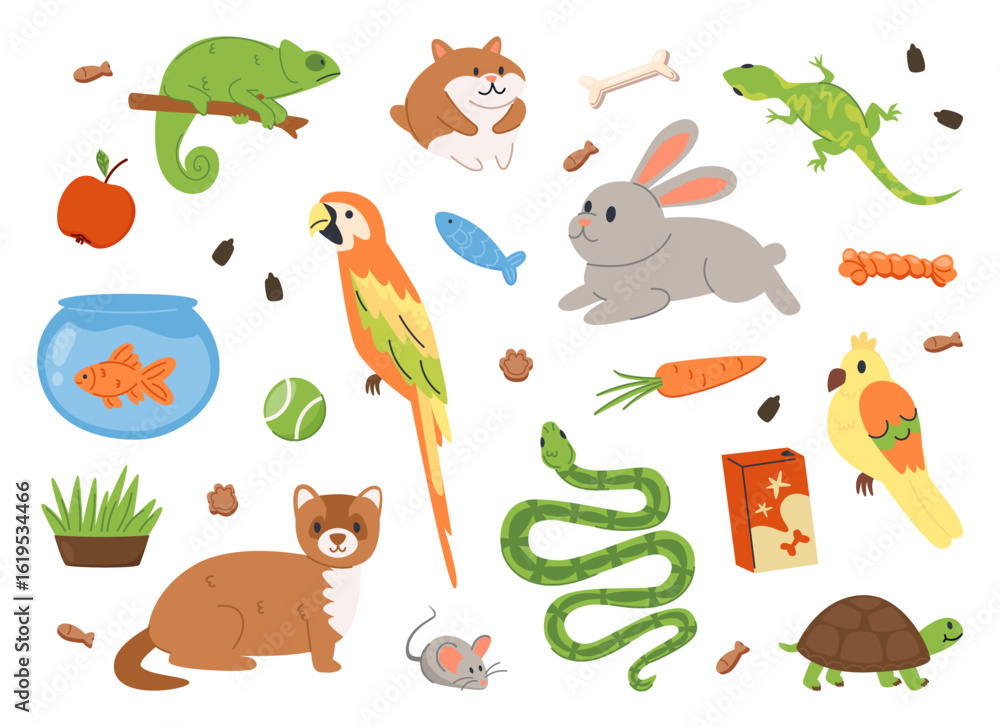 Obraz premium Cute Pet Set with Animals, Food, and Accessories.