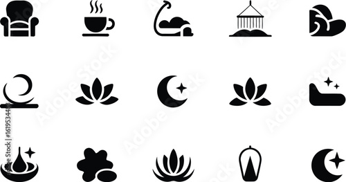 A collection of fifteen black icons arranged on a light gray background surface