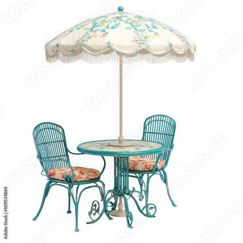  Cafe table with chair and parasol umbrella on white background