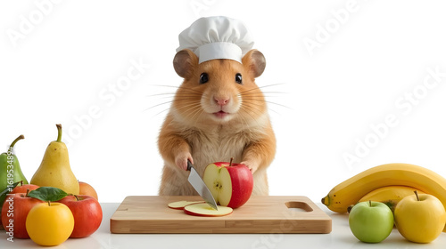 Cute Hamster Chef Preparing Fruit with Chef Hat and Slicing Apple