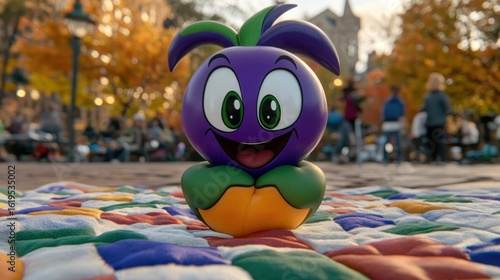 Cartoon purple eggplant figurine on colorful patchwork.