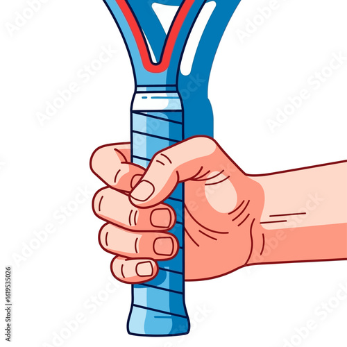 A hand firmly grips a tennis racket, ready to play.