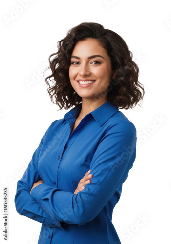 A young hispanic woman in a royal blue shirt, arms crossed, smiling confidently against a transparent studio background with copy space, professional corporate portrait concept
