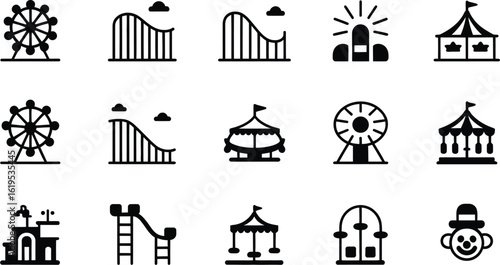 Illustration of amusement park icons including rides and attractions in black