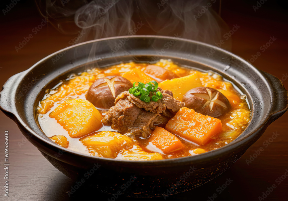 Hearty Japanese Beef Curry Stew with Kabocha and Shiitake Mushrooms, Served Hot in a Rustic Earthenware Pot. Hearty Japanese Beef Curry Stew with Kabocha and Shiitake Mushrooms, Served Hot in a Rustic Earthenware Pot.