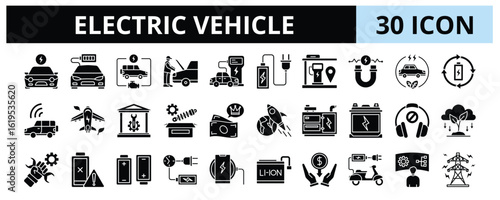 30 Electric Vehicle Glyph Icons Vector - electric car, autonomous, zero emission, future technology, battery charging, Generator