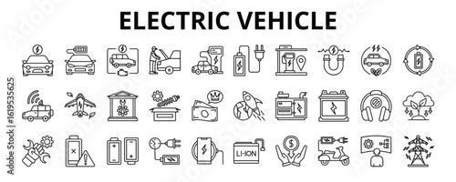 30 Electric Vehicle Line Icons Vector - electric car, autonomous, zero emission, future technology, battery charging, Generator
