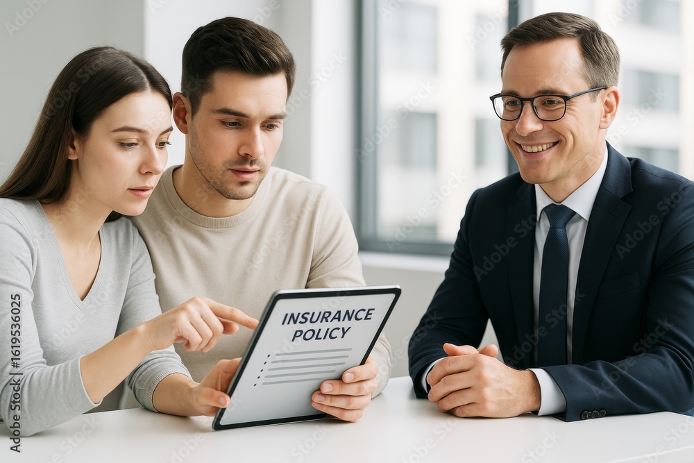 Young couple reviewing insurance policy on tablet with advisor in office setting, discussing financial planning and business options together. Ai generative Young couple reviewing insurance policy on tablet with advisor in office setting, discussing financial planning and business options together. Ai generative