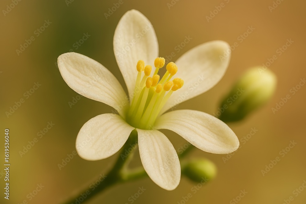 Obraz premium Delicate White Blossom with Yellow Center and Buds on Soft Brown Background