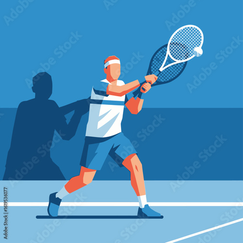 A stylized illustration of a tennis player in action, hitting a forehand shot on a court.