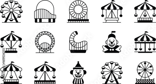 A collection of black and white carnival icons including rides and clown characters