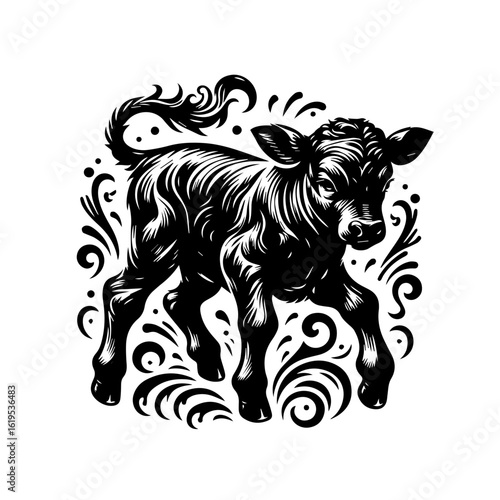 Wallpaper Mural Adorable Black and White Calf with Swirling Ornaments. Torontodigital.ca