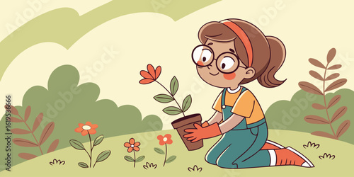 Young girl with glasses happily planting flowers in a garden on a sunny day