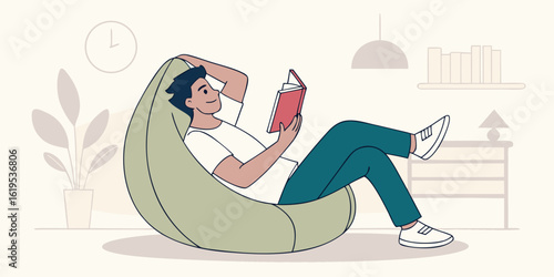 Young person relaxing comfortably on a beanbag chair reading a book