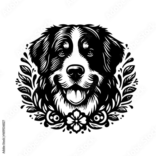 Bernese Mountain Dog Portrait with Floral Wreath.
