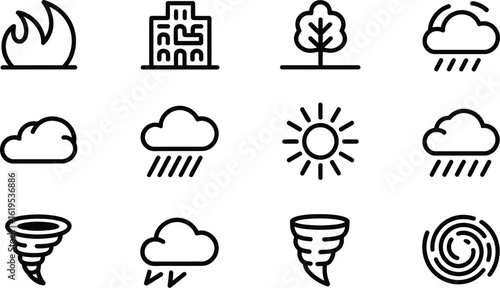 A set of line icons depicting weather elements, nature, and disaster scenarios icons